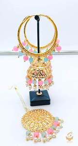 Lite Pink & Blue colour pearls work Jadau work Beautiful jhumka balian with tikka set