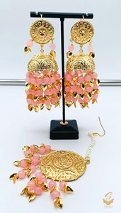 Punjabi Light Pink Color Jadau Earrings with Tikka Set light Weight