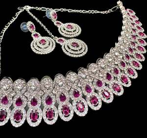 Silver jerkan stone beautiful choker necklace with earrings and tikka set