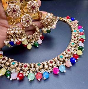Necklace: Original Polki stone with pearls beaded work beautiful necklace with jhumka and tikka set