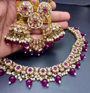 Necklace: Original Polki stone with pearls beaded work beautiful necklace with jhumka and tikka set
