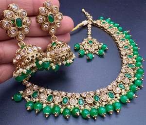 Original Polki stone with pearls beaded work beautiful necklace with earrings and tikka set