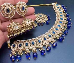 Necklace: Original Polki stone with pearls beaded work beautiful necklace with earrings and tikka set