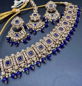 Original Polki stone with pearls beaded work beautiful necklace with earrings and tikka set