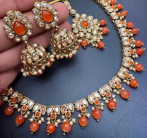 Original Polki stone with pearls beaded work beautiful necklace with earrings and tikka set