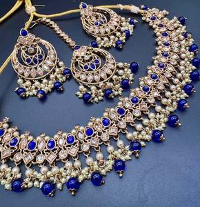 Necklace: Original Polki stone with pearls beaded work beautiful necklace with earrings and tikka set