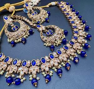 Original Polki stone with pearls beaded work beautiful necklace with earrings and tikka set