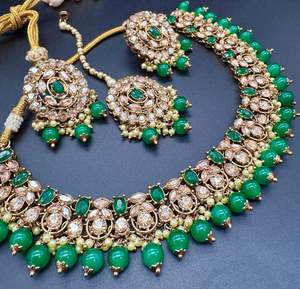Necklace: Original Polki stone with pearls beaded work beautiful necklace with earrings and tikka set