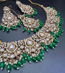 Necklace: Kundan stone with pearls beaded work beautiful necklace with earrings and tikka set
