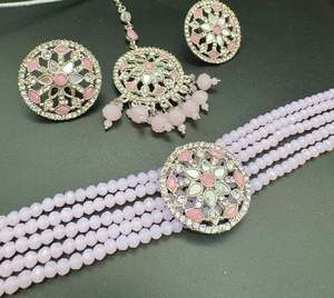 Necklace: Mirrors with Jerkan fine stone with pearls beaded choker set with beautiful studs & tikka