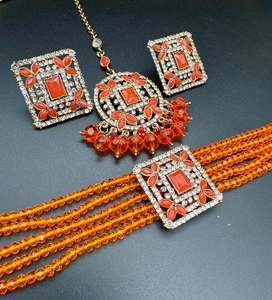 Jerkan fine stone with pearls beaded choker set with beautiful studs & tikka