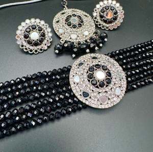 Choker Necklace: Mirrors with Jerkan fine stone with pearls beaded choker set with beautiful studs & tikka
