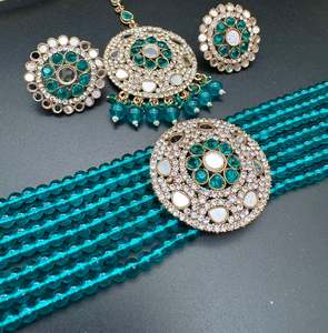 Choker Necklace: Mirrors with Jerkan fine stone with pearls beaded choker set with beautiful studs & tikka