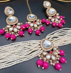 Kundan stone with pearls beaded choker set with beautiful earrings & tikka