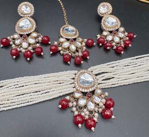 Choker Necklace: Kundan stone with pearls beaded choker set with beautiful earrings & tikka