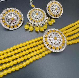 Beautiful jerkan stones and mirror work choker set with beautiful studs & Tikka