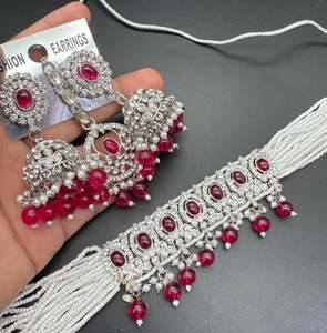 Beautiful silver jerkan stones and white pearls work classy choker set with beau&hellip;