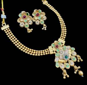 Necklace Sets: Mat look antique gold traditional necklace set with pearls and kundan work