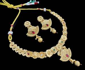 Necklace Sets: Mat look antique gold traditional necklace set with stones work