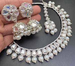 Silver Kundan And Pearls Work Beautiful Necklace Set With jhumka & Tikka