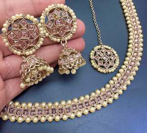 Polki And Pearls Work Beautiful Necklace Set With jhumka & Tikka