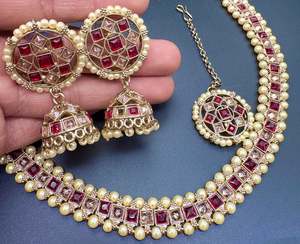 Polki And Pearls Work Beautiful Necklace Set With jhumka & Tikka