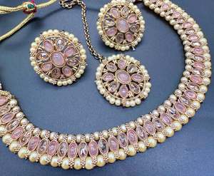 Polki And Pearls Work Beautiful Necklace Set With studs & Tikka