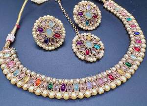Polki And Pearls Work Beautiful Necklace Set With studs & Tikka