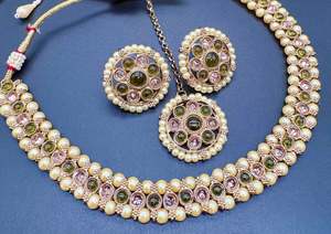 Necklace Sets: Polki And Pearls Work Beautiful Necklace Set With studs & Tikka