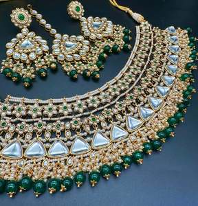 Heavy Work Necklace Sets 1: (Video clip attached) Kundan stone with pearls beaded work beautiful bridal/semi bridal necklace with earrings and tikka set