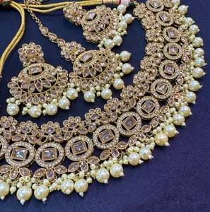 Original polki stone with pearls beaded necklace set with beautiful earrings & tikka