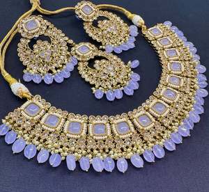 Original polki stone with pearls beaded necklace set with beautiful earrings & tikka