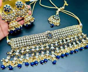 Heavy Work Necklace Sets 1: Kundan with pearls work beautiful heavy work necklace with designer Jhumka Earrings and Tikka