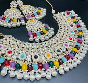 Heavy Work Necklace Sets 1: Kundan studded & pearls work designer heavy work Necklace set with beautiful Earrings & Tikka