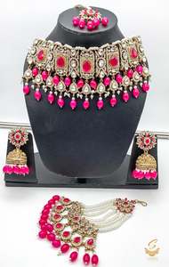 Mazenta Pink Stones With Jerkan Stones & Moti Work Beautiful Necklace Set With Pasa