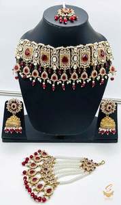 Deep MAroon Stones With Jerkan Stones & Moti Work Beautiful Necklace Set With Pasa