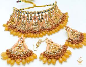 Heavy Work Necklace Sets 1: peach colour Beautiful meenakari work with peach yellow pearls with Kundan Stones necklace set