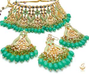Heavy Work Necklace Sets 1: Sea green colour Beautiful meenakari work with sea green pearls with Kundan Stones necklace set