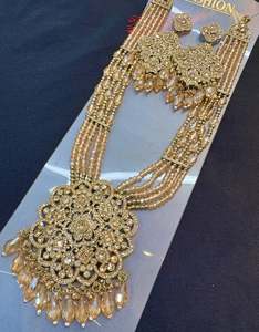Rani Haar Long Necklaces: Crystal pearls with fine golden Jerkan stone With Pearls Beaded Necklace Set With Beautiful Earrings