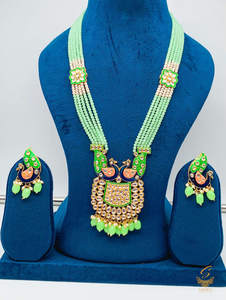 Lime green colour beads work with kundan stone meenakari work Peacock design bea&hellip;