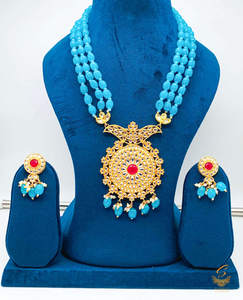 Rani Haar Long Necklaces: Firozi colour beads work with kundan stone beautiful rani haar necklace set