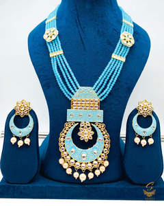Rani Haar Long Necklaces: Baby Blue colour meenkari with kundan work pendant Long rani haar with pearl work set with beautiful design earrings