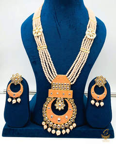 Rani Haar Long Necklaces: Pastel Peach colour meenkari with kundan work pendant Long rani haar with pearl work set with beautiful design earrings