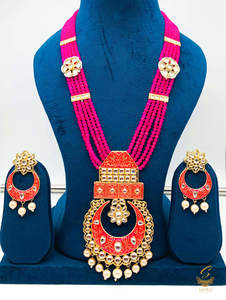Rani Haar Long Necklaces: Hot Pink colour meenkari with kundan work pendant Long rani haar with pearl work set with beautiful design earrings