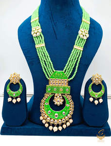 Rani Haar Long Necklaces: Lime Green colour meenkari with kundan work pendant Long rani haar with pearl work set with beautiful design earrings