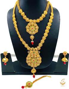 South Indian Necklace: South indian double long necklace gold plated set (artificial gold)