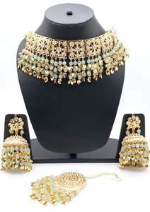 Punjabi Necklace: Pastel mint Pearls Jadau Pipal Patti Punjabi Set With Jhumka & Tikka