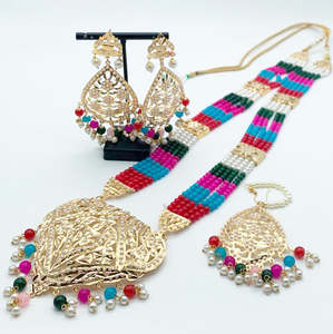 Punjabi Necklace: Traditional Punjabi Jwellery Set In multicoloured Pearls Jadau Chokar Raani Haar & Earrings Tikka