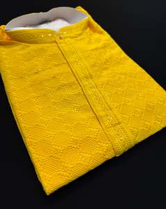 Guru Shirts Or Kurta: Yellow color rayon based Chikankari with sequinned work Men’s short length kurti (31 inches - 36 inches)according to sizes
