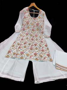 Sharara Lehnga Suits 1: Pastel Baby Blue color georgette based all multicoloured floral embroidery & sequined work kameez with big flared plazo and georgette dupatta with border work